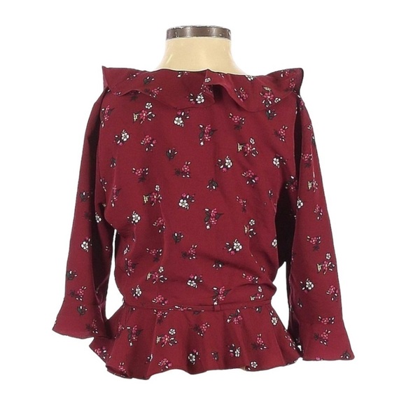 🌺 TopShop Burgundy Ditsy Floral Print Ruffle Front Pirate Blouse Size 2 - Picture 2 of 10